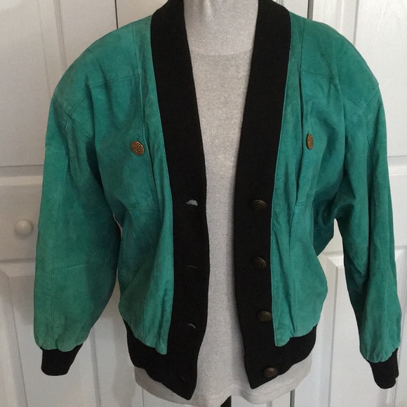 Genuine Suede Aqua Teal Cardigan Vintage Jacket M - Picture 7 of 8